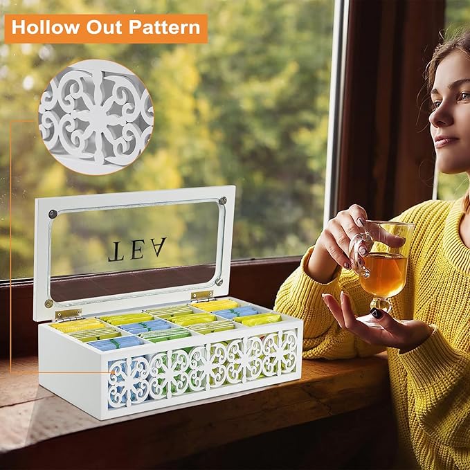 handrong Tea Box,Wood Tea Organizer and Storage,12 Compartments Tea Bag Holder Organizer with Clear Window for Countertop Kitchen Cabinet Pantry