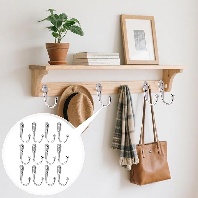 12 Pack Silver Coat Hooks Wall Mounted, Rustproof Zinc Alloy Metal Hooks for Hanging Coats, Heavy Duty Utility Key Holder Hooks with Screws for Bathroom, Entryway, Kitchen, Hat, Towel, Cup, Robe