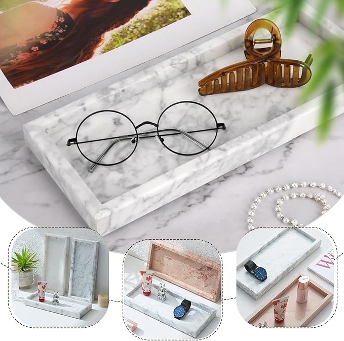 Natural Marble Tray, Stone Tray for Bedroom/Bathroom/Kitchen/Vanity Countertop, Jewelry Tray for Rings Earrings Necklace Bracelet Watch, Room Decor Aesthetic