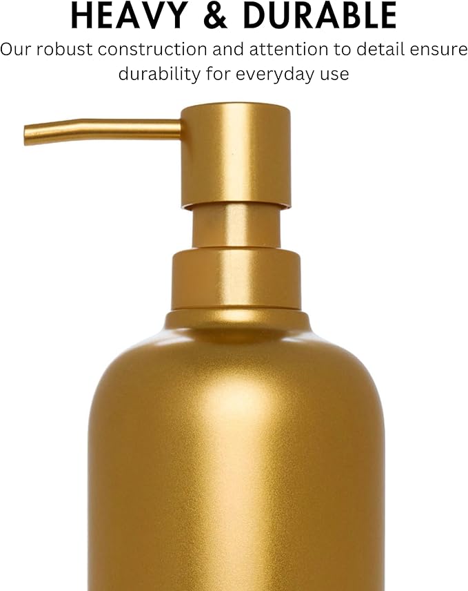 Gold Soap Dispenser for Kitchen & Bathroom – 15 oz Refillable Resin Pump Bottle for Dish Soap, Hand Soap, Shampoo, Conditioner – Modern Countertop Dispenser with Non-Slip Protective Pads