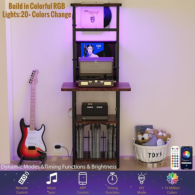 Record Player Stand with Led Light,Record Player Table with Vinyl Storage,Turntable Stand with Record Holder Vinyls Display Shelf for Music Room Studio,Brown