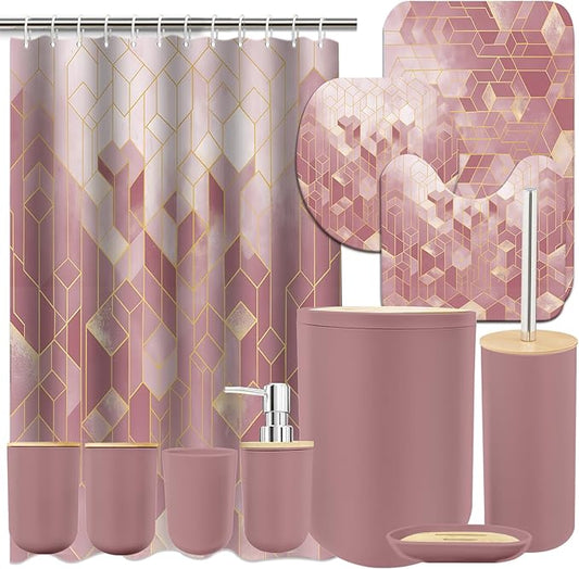 Lnond Pink Bathroom Set, Pink Abstract Cubes Bathroom Accessories Sets Complete, Luxury Restroom Set with Shower Curtain and Rugs, Trash Can, Toilet Brush Holder Set & Soap Dispenser