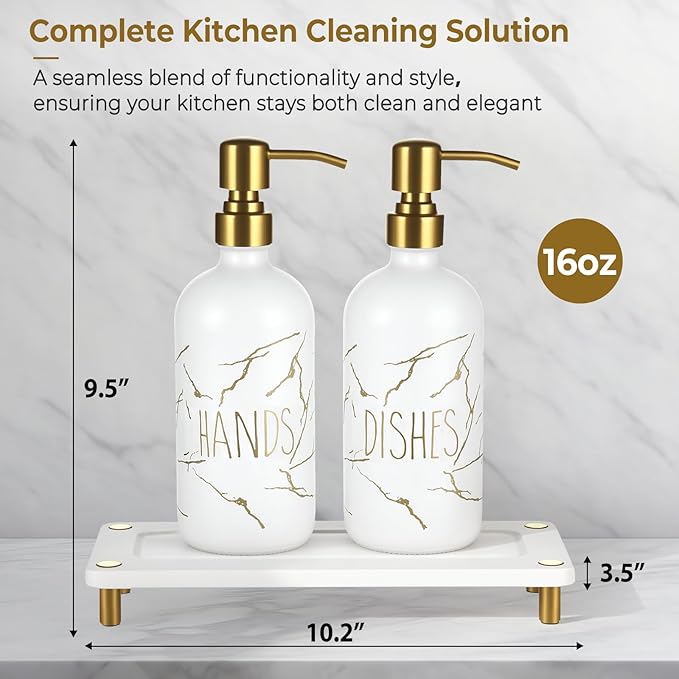Kitchen Soap Dispenser Set, 16oz Hand and Dish Soap Dispenser Set with 2 Instant Dry Trays, Stainless Steel Pump, Refillable Glass Bottle for Kitchen and Bathroom Countertop (White)