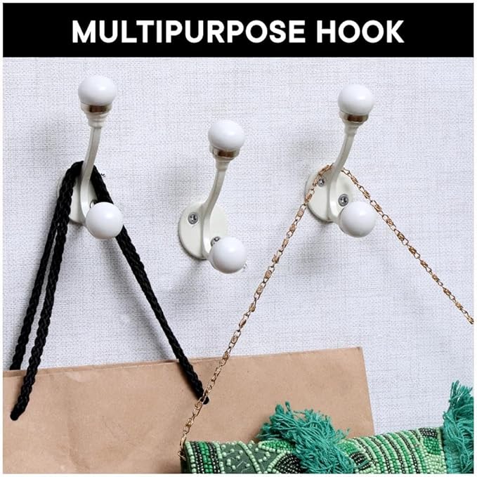 Indian Shelf 6 Pieces Double Prong White Decorative Coat Hooks Unique Coat Rack Wall Mount Ceramic Wall Hooks for Hanging Towel Holder Backpack Purse Hanger- Style 5