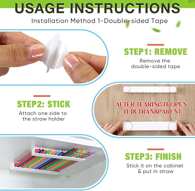 Baderke Straw Holder for Cabinet Reusable Straw Organizer with Double Sided Adhesive Tape Screws Storage Container for Kitchen Counter Cupboard (White,Novel)