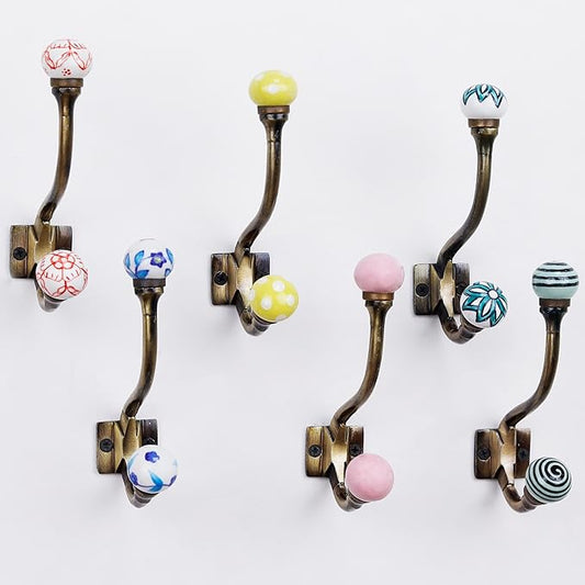 Indian Shelf Pack of 12 Heavy Duty Ceramic Unique Wall Hooks for Hanging Heavy Duty Colorful Double Hooks for Hanging Dual Prong Decorative Coat Hooks Wall Mount Purse Towel Holder Coat Rack