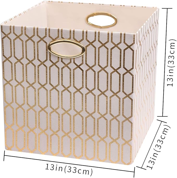 Posprica Storage Bins, Storage Cubes,13Ã13 Fabric Drawers Organizer Basket Boxes Containers (13Ã13Ã13/2pcs, Cream/gold geometry Pattern)