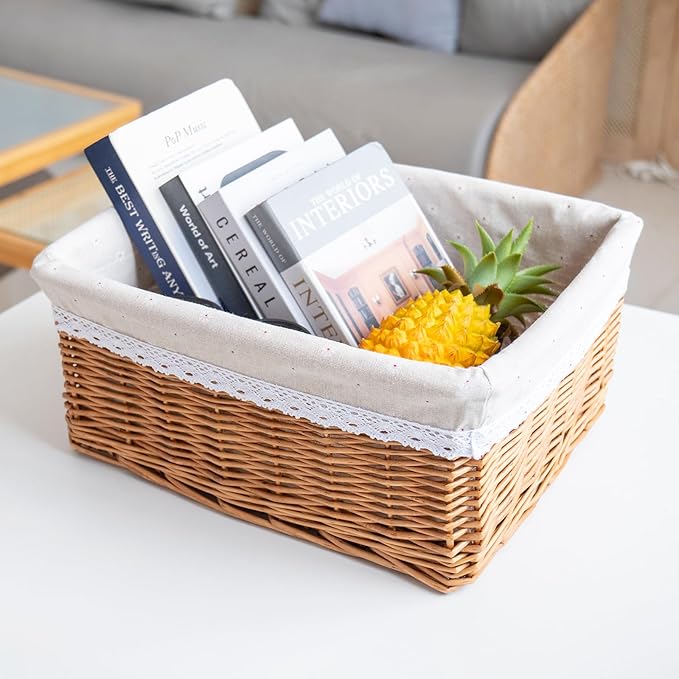 Willow Storage Basket with Linen Liner - 17.32 x 12.99 x 8.27 Inch Handwoven Decorative Bin for Home, Kitchen, Nursery - Rustic Organizer for Blankets, Toys, Fruits & More