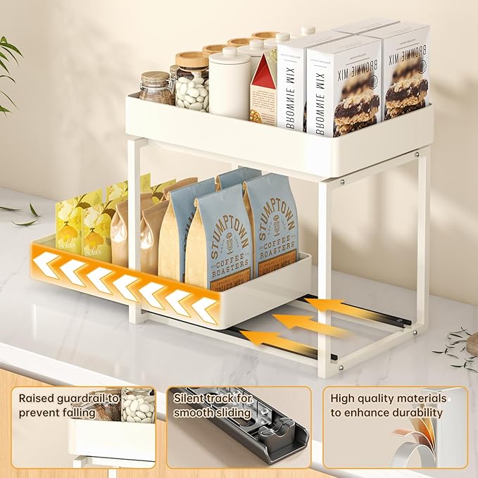 Pull Out Cabinet Organizer 1 pack 2 Tier Kitchen Under Sink Organizers and Storage for Clear Bathroom MultiPurpose Cabinet Organizer for Vanity Counter Cupboard Closet (1Set White)