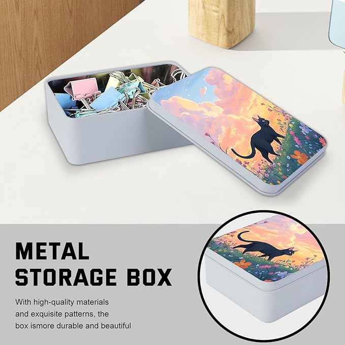 Metal Tin Box with Lid,Multi-functional Storage Box Can Store Tea Biscuits Game Cards, Playing & Tarot Cards-Comes with 4 Magnetic Cord Clips,Black Cat in Flower Field