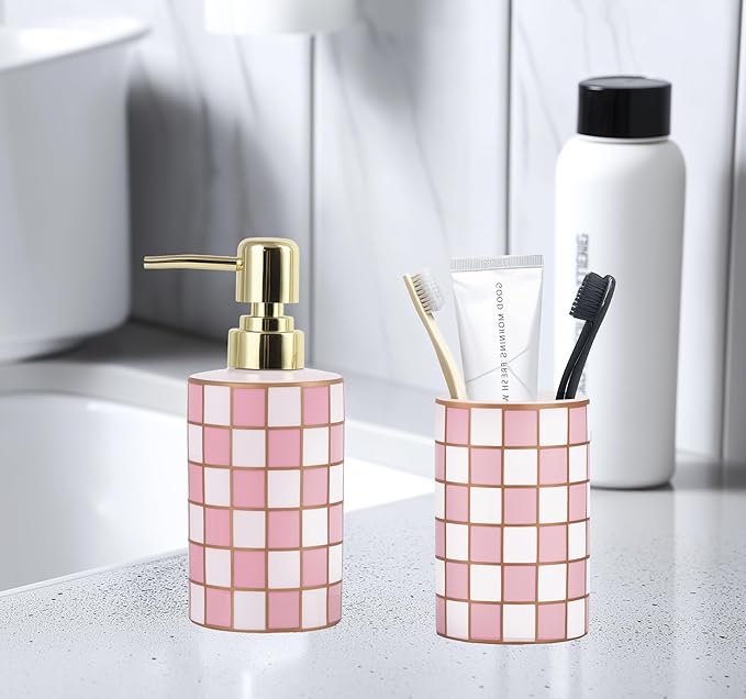 Checkered Bathroom Soap Dispenser,Gold Pump Ceramic Soap Dispenser,Kitchen Checkerboard Empty Pump Bottle,Bath Countertop Storage Organizer,Checkered Bathroom Decor (Pink)