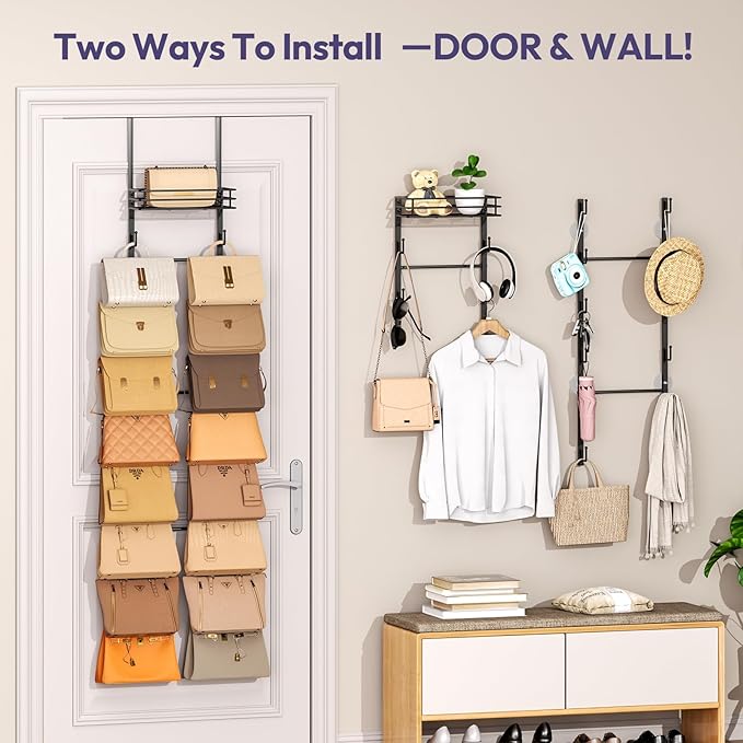 Over The Door Purse Organizer with 16 Hooks and Metal Basket - Space-SavingPurse Rack and Bag Organizer for Closet，Door - Handbag and Purse Storage