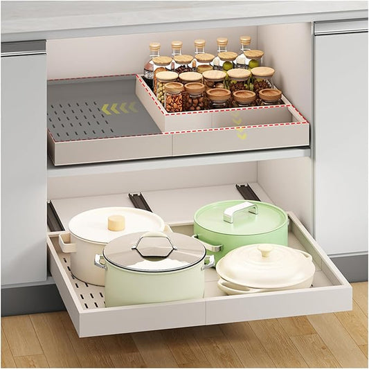 Pull out Cabinet Organizer,Width (16"-21") and Depth (13"-17") Expandable With 3 Rails,No Drill Adjustable Slide out Drawers for Kitchen,Pantry,Adhesive Roll out Shelves,for Cabinets Without Lip,White