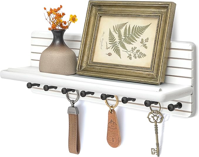 Rebee Vision Rustic Key Holder Wall Mount for Home Decor – Modern Key Hook with 8 Sturdy Hooks & Floating Shelf – Chic Wall Organizer for Entryway, Living Room, or Kitchen Decor(White)