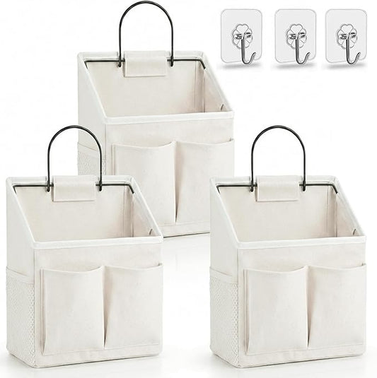 3pcs Wall Hanging Organizer Bag, Linen Fabric Door Hanging Storage Basket with Pockets, Waterproof Bin for Kitchen, Bedroom, Office, RV Camper (White-Upgraded)