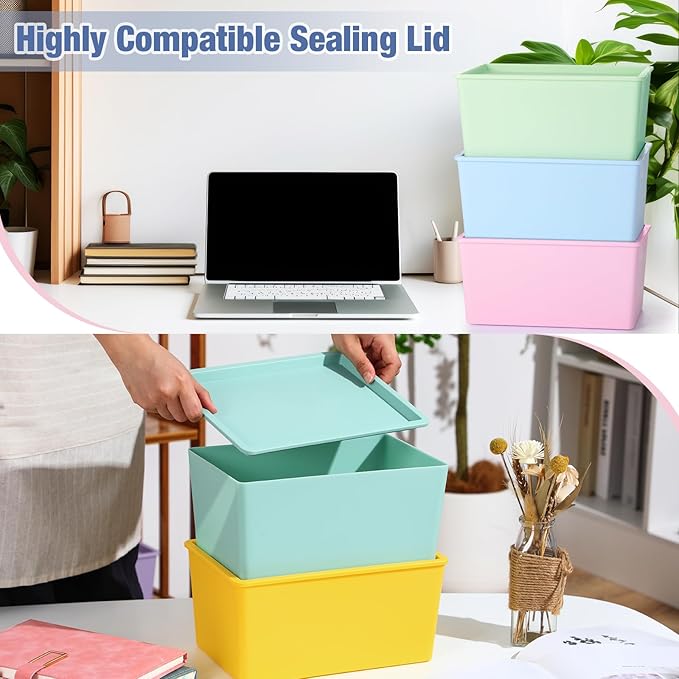 Menkxi 8 Pcs Storage Bins with Lids Small Plastic Storage Containers Stackable Storing Baskets Box Cute Organizer Bins for Organizing Shelves (Mixed Color)