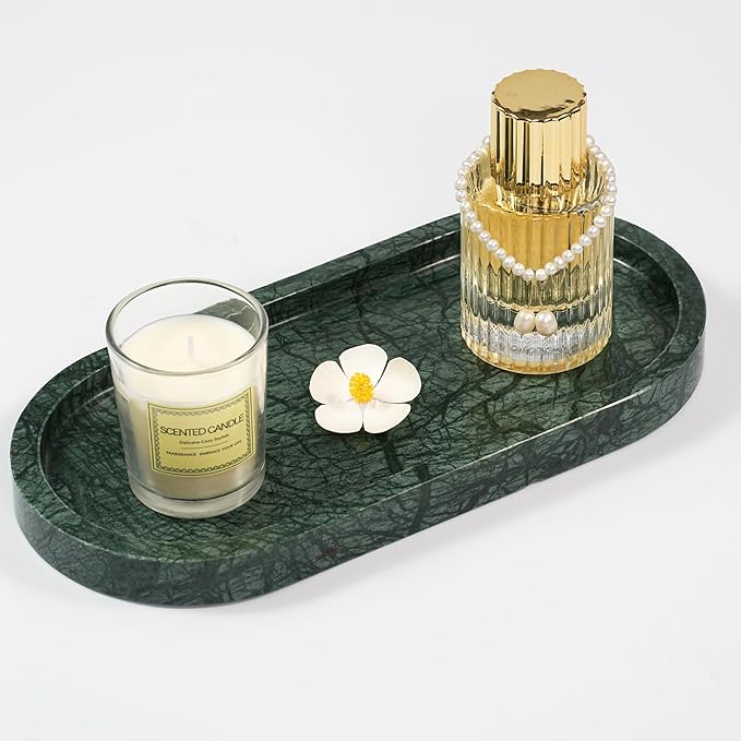 Green Marble Oval Tray - Stone Decorative Perfume Trinket Jewelry Dish, Catchall Organizer for Bathroom Vanity Dresser Kitchen Countertop Home Decor
