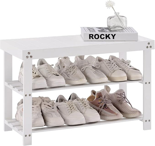 Apicizon Bamboo Shoe Rack for Entryway, 3-Tier Shoe Rack Bench for Front Indoor Entrance, Small Shoe Organizer with Storage, White