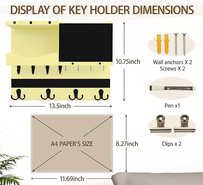 Key Holder for Wall Mount with Shelf and Mail Organizer, Key and Mail Holder with 16 Hooks, Farmhouse Entryway Organizer, Home Decor Rack(Pine Wood,Ivory Yellow)