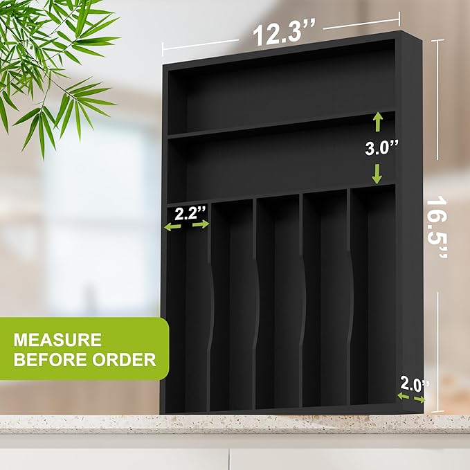 Sliverware Organizer, Bamboo Kitchen Drawer Organizer, Flatware Organizer Tray Holder for Sliverware, Utensil & Cutlery (Black, 7 Slots)