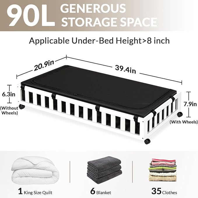 2 Pack Bamboo Under Bed Storage with Wheels, 39âx20âx7.8â Lager Under Bed Storage Containers (White)