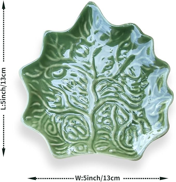 Jewelry Dish Trinket Tray for Women, Ring Dish Holder, Unique Leaf Shape Ceramic Plate Cute Things Vanity Aesthetic Room Decor Mother's Day Birthday Christmas Warm House Gifts (Green)