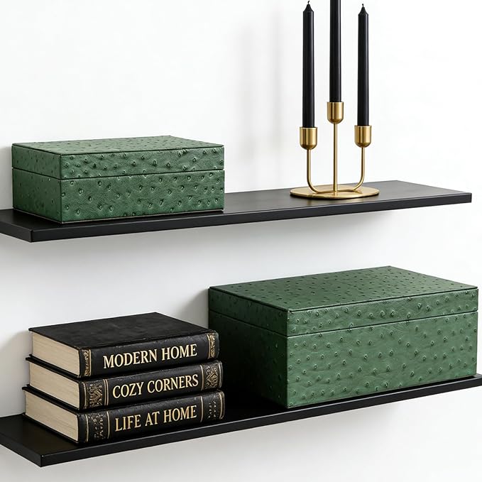 Decorative Storage Boxes Set of 2 Faux Ostrich Leather Decorative Boxes with Lids Large Nesting Jewelry Boxes, Photo Memory Box Modern Home Decor