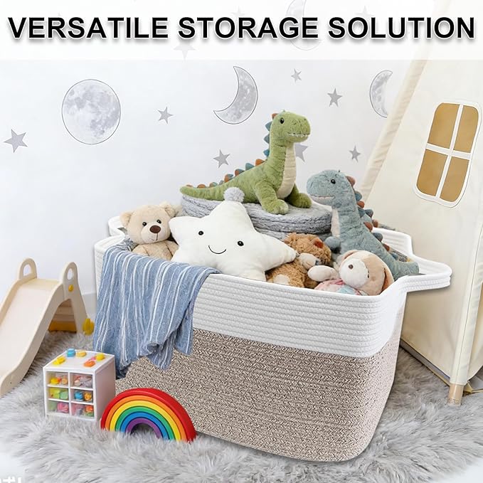Magazine & Newspaper Baskets,Large Woven Rope Blanket Basket,24"x16"x15"Storage Bin with Handle,Toys Storage,Laundry Basket for Home Organization/Living Room/Nursery/Bedroom,White&Brown