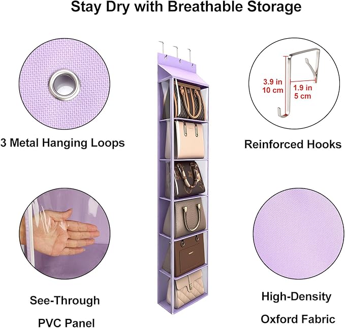 Lirex Over The Door Purse Organizer & Purse Shelf for Closet – Handbag Storage Organizer with Purse Hanger. Perfect for Scarves, Hats, and Leggings. S (11.8'' x 5'' x 51.6''), Purple