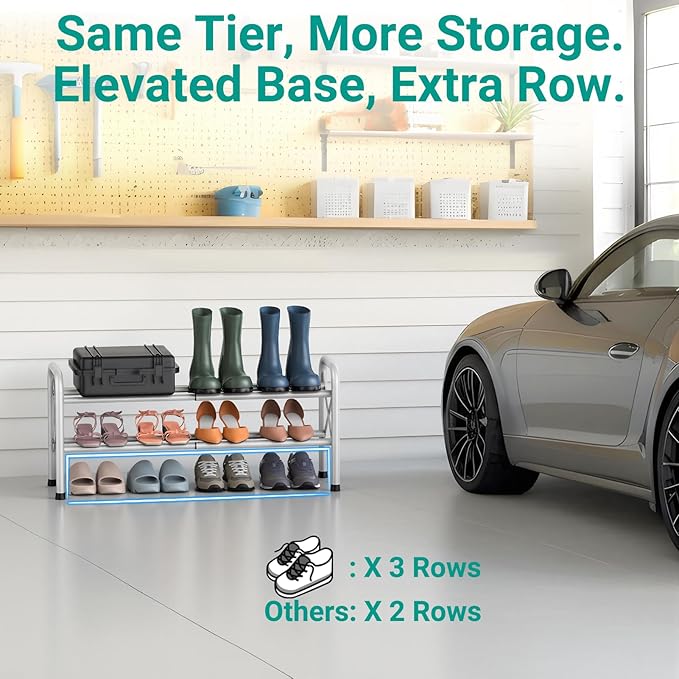 2-Tier Expandable Shoe Rack for Closet Floor, X-Frame Metal Small Shoe Rack for Entryway, Adjustable Shoe Shelf Organizer, Free Standing Shoe Racks for Front Door Entrance, Garage - White