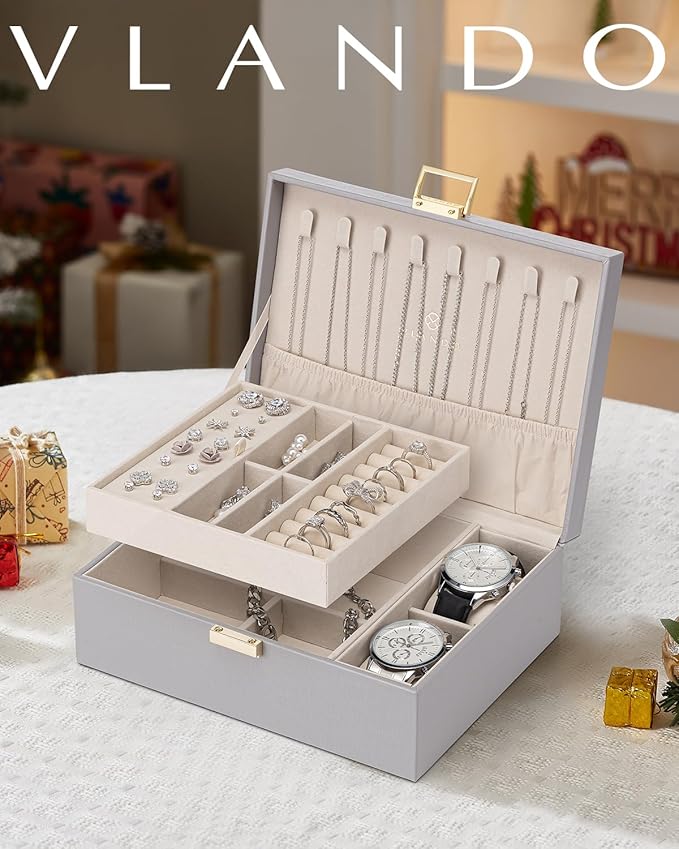 Vlando 2 Layer Jewelry Box Large Jewelry Organizer for Women Removable Jewelery Tray with Watch Pillow for Necklace Earrings Rings Bracelets Gifts for Couples Mom Friends, Bridesmaid (Grey)