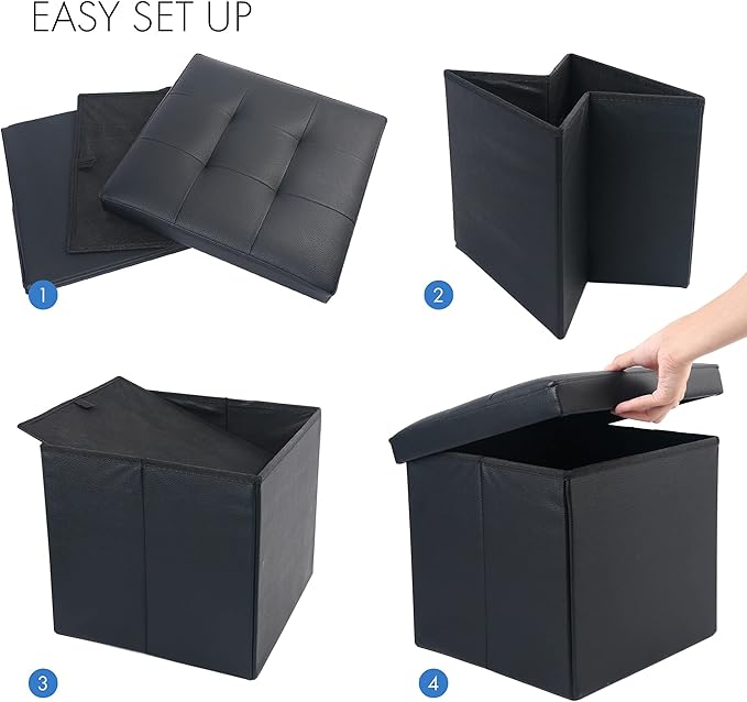 LotFancy Storage Ottoman, Foldable Foot Rest Stool, 13x12x12 Inches Small Leather Bench with Storage, Holds up to 260 lb, for Living Room, Bedroom, Dorm, Black