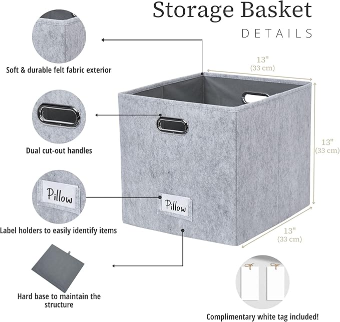 DECOMOMO Felt Storage Bins, 13 inch Cube Storage Bins with Labels for Organization (Cube 13" / 6pcs, Silver Grey)