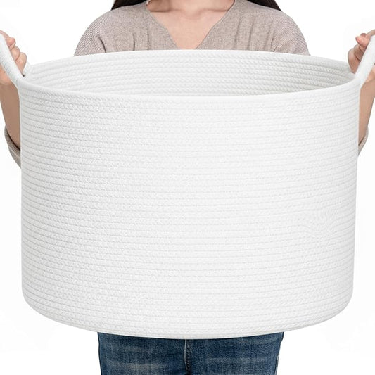 CLHMILY&Z Round Cotton Rope Storage Basket in Living Room, Bedroom, Laundry Room for Toy, Clothes, Blanket, Pillow (White, XLarge(14.2"x22"))