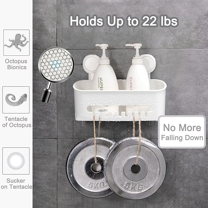 Double Plastic Shower Caddy Suction Cup Shower Organizer Basket Bath Shelf, Strong Suction Power Bathroom Caddies with Fence Hooks, Kitchen Rack, Waterproof, Reusable, for Shampoo, Gel