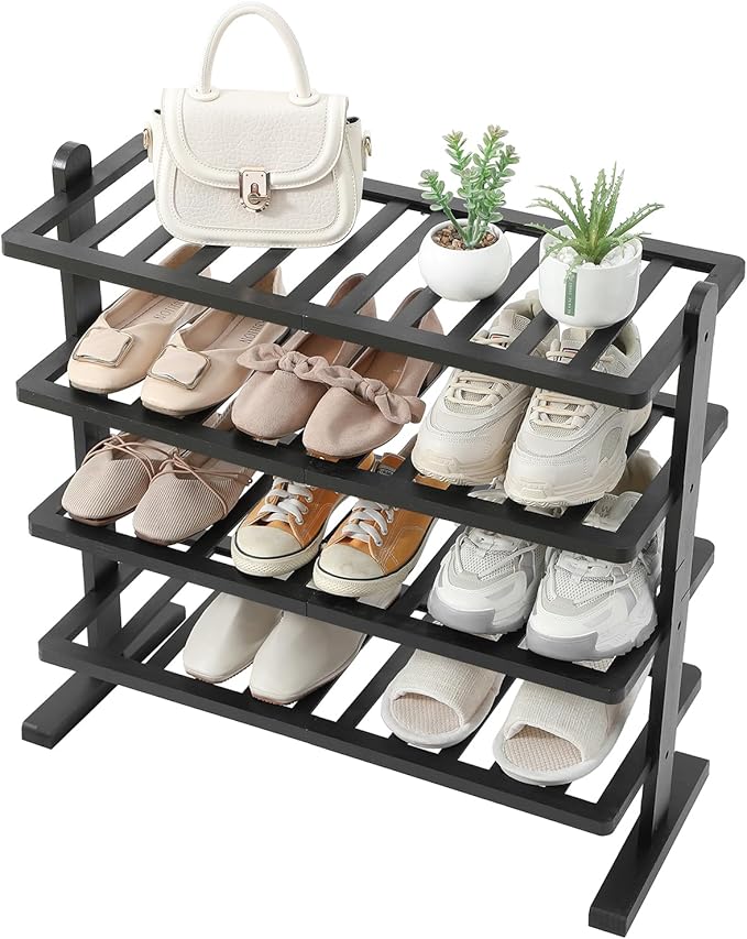 Varhomax Black Shoe Rack, 4-Tier Bamboo Shoe Rack Organizer for Closet and Entryway, Thick Wooden Free Standing Shoe Shelf for Small Spaces, Sturdy & Versatile for Bedroom, Bathroom, Garage