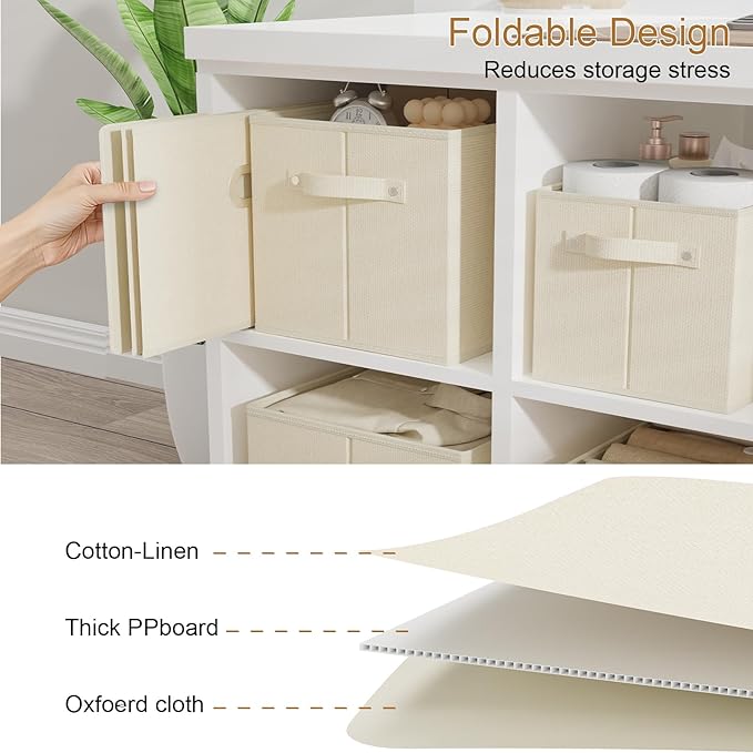Foldable Cloth Basket with 4 Handles, Decorative Open Storage Boxes, Stackable Cube Organization, Fabric Bins for Shelves, Closet, Living Room, 10.2x7.9x6.7in, Beige, 2 Pack