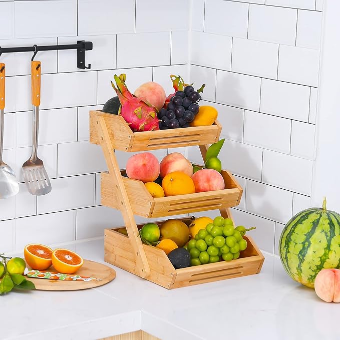 Fruit Basket, 3 Tier Bamboo Fruit Bowl for Kitchen, Stand Storage Holder, Heavy Duty/Large Capacity for Fruit, Vegetables Countertop Organizer