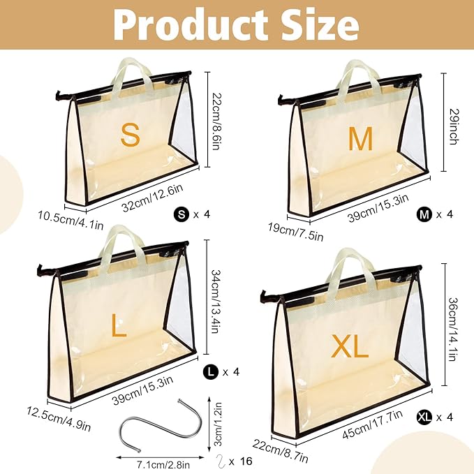 16 Pack Clear Handbag Storage Organizer and 16 Stainless Steel S-Hooks Anti-dust Purse Storage Bags with Zipper and Handle Moisture Proof Dust Cover Organizer Bags for Closet Hanging, 4 Assorted Sizes