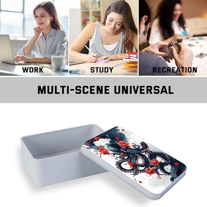 Metal Tin Box with Lid,Multi-functional Storage Large Box Can Store Tea Biscuits Game Cards, Playing & Tarot Cards-Comes with 4 Magnetic Cord Clips,Octopus with Red Flowers