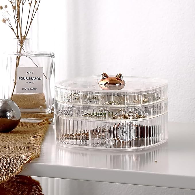 Jewelry Box, 3-Layer Acrylic Jewelry Organizer with Cat Shape Handle, Clear Jewelry Boxes for Women Girls, Make up Organizer, Jewelry Storage Holder (Clear, Cat)