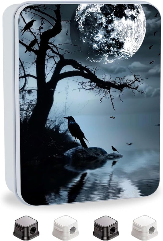 Metal Tin Box with Lid,Multi-functional Storage Box Can Store Tea Biscuits Game Cards, Playing & Tarot Cards-Comes with 4 Magnetic Cord Clips,Raven Moonlight Scene