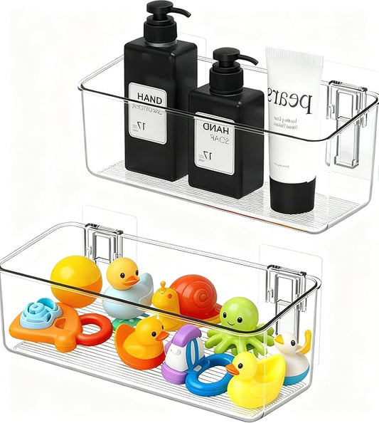 No-Drill Adhesive Wall Mounted Storage Organizer - 2 Pack Set for Bath Toys Storage, Kitchen, Bathroom & Pantry, Laundry Utility Room Storage Bins
