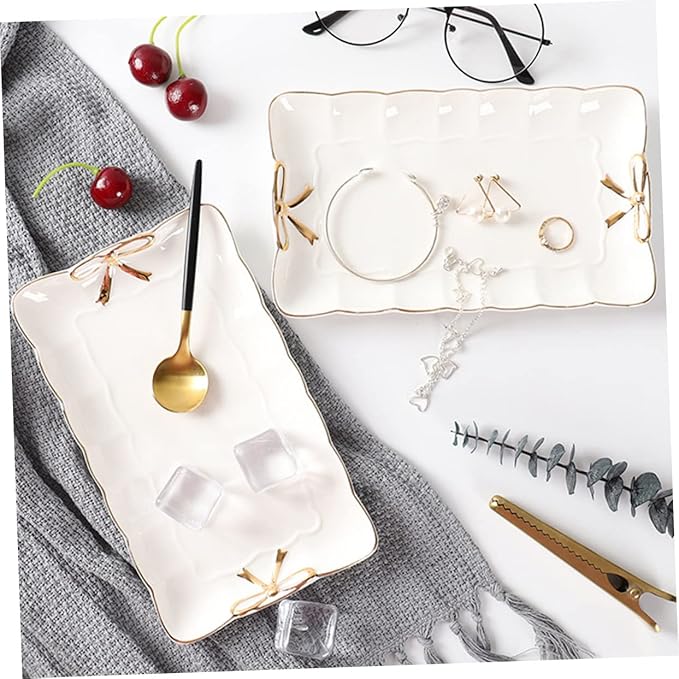 Ceramic Jewelry Tray with Bow Accent 7.87X4.72 Inch Rectangular Jewelry Dish Organizer for Home Countertop Storage and Cosmetics Accessories