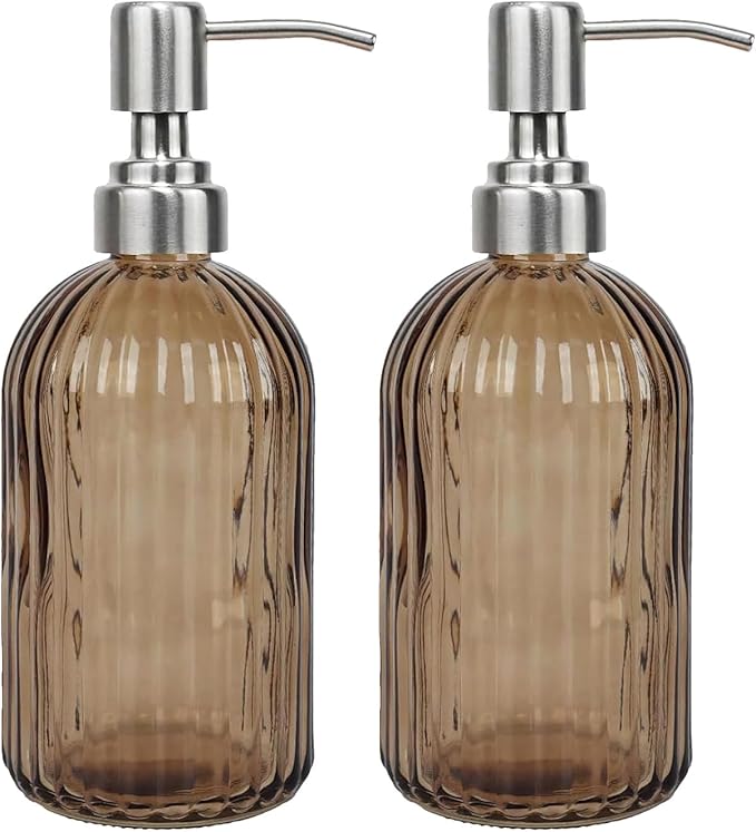 14Oz Brown Soap Dispenser Bathroom - 2 Pack, Clear Glass Hand Soap Dispensers with Stainless Steel Pump, Refillable Dish Soap Dispenser for Kitchen, Countertop Soap Dispensers