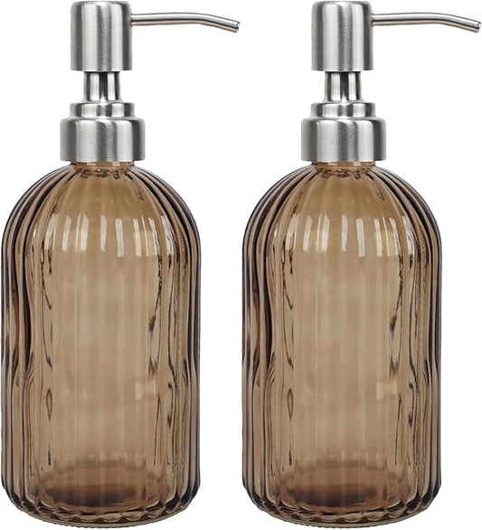 14Oz Brown Soap Dispenser Bathroom - 2 Pack, Clear Glass Hand Soap Dispensers with Stainless Steel Pump, Refillable Dish Soap Dispenser for Kitchen, Countertop Soap Dispensers