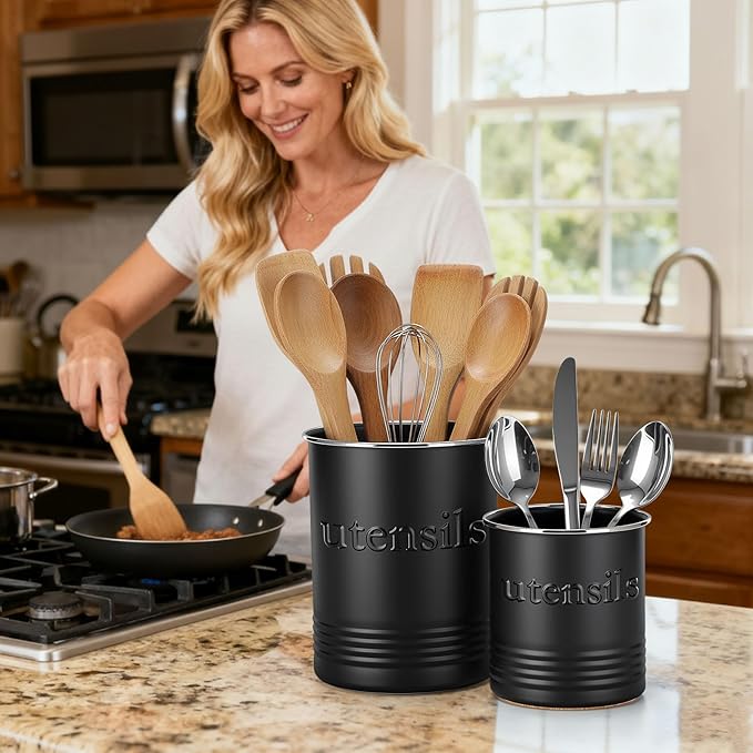 2 Pack Kitchen Utensil Holder for Counter 6.7"+4.7" Farmhouse Cooking Utensil Crock with Cork Bottom Modern Farmhouse Decors Countertop Storage Organizer Caddy Housewarming Gift(Black)