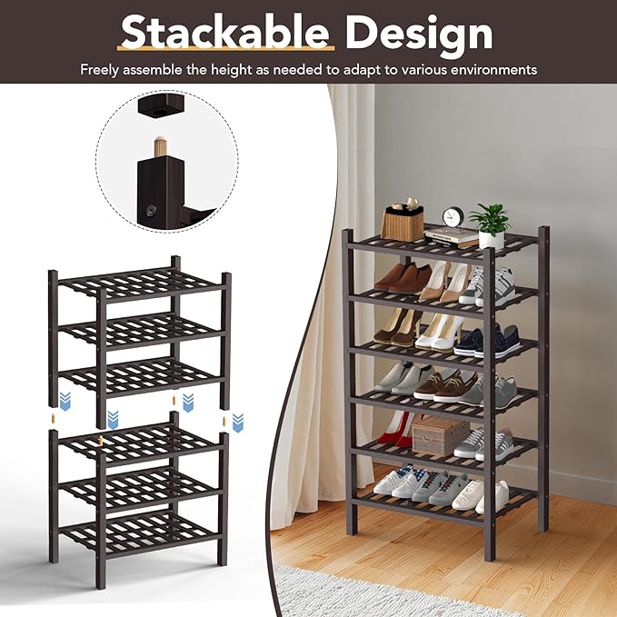 Haddockway Small 6 Tier Bamboo Shoe Rack Storage Organizer,Multifunctional Free Standing Stackable Shoe Shelf with Grid Panel for Closet,Hallway,Entryway,Small Space 18"x11"x34"