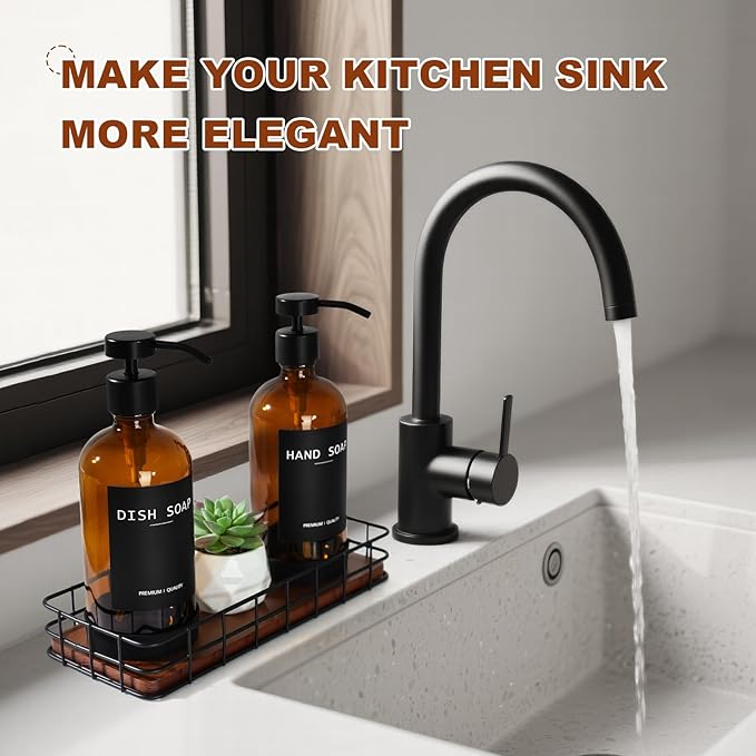 Kitchen Soap Dispenser Set with Tray, Amber Glass Soap Dispensers with Iron Basket, Decorative Hand and Dish Soap Dispenser Set, Soap and Lotion Dispensers for Kitchen and Bathroom Storage Organizer