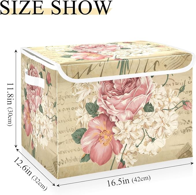 senya Flower Baskets Collapsible Storage Bins with Lids, Vintage Rose Floral Storage Boxes Clothes Baskets for Organizing